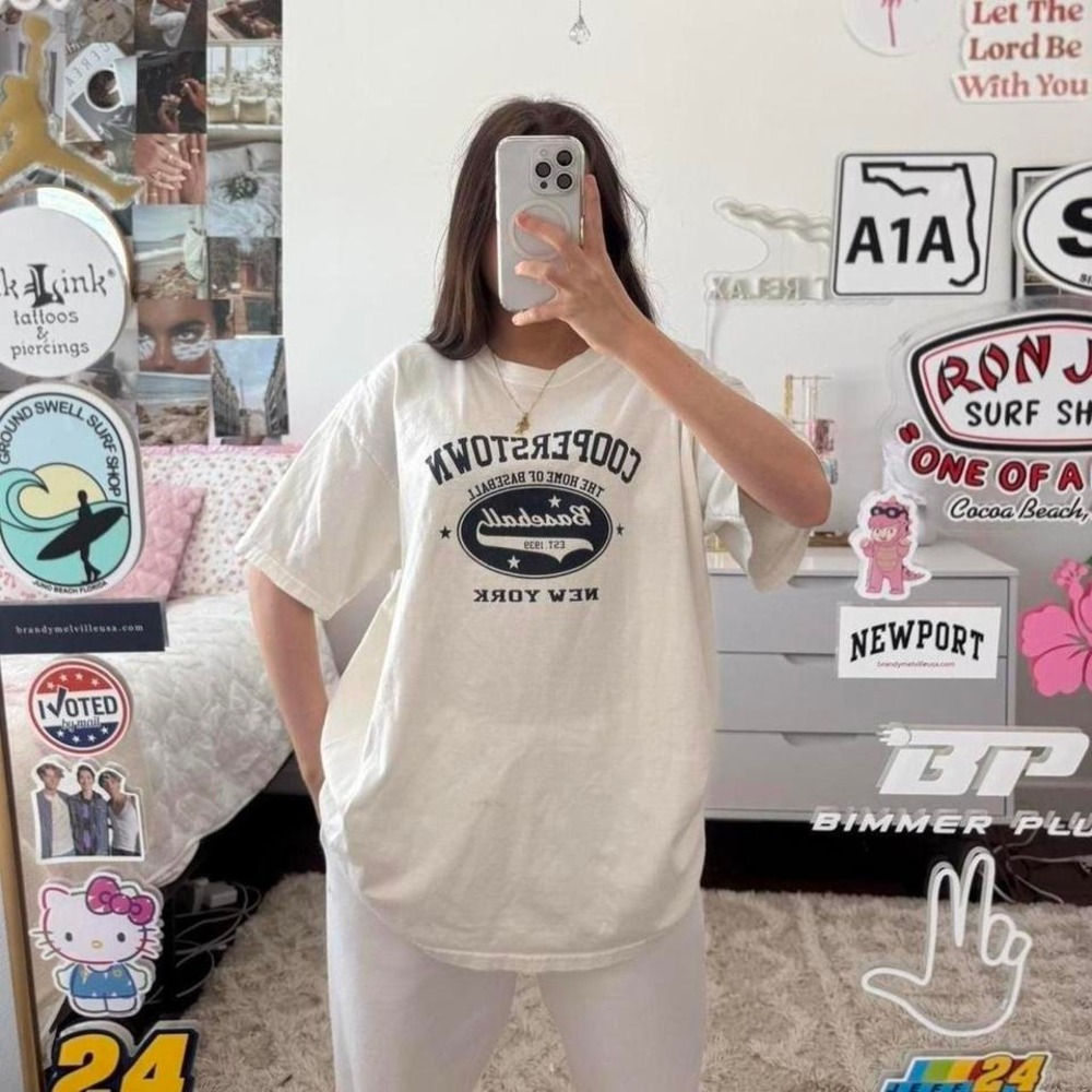 white‎ and navy coopers town New York baseball t shirt
